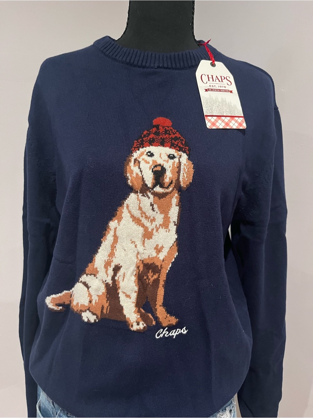 NWT Chaps Navy Sweater with Golden Dog Graphic and Red Hat